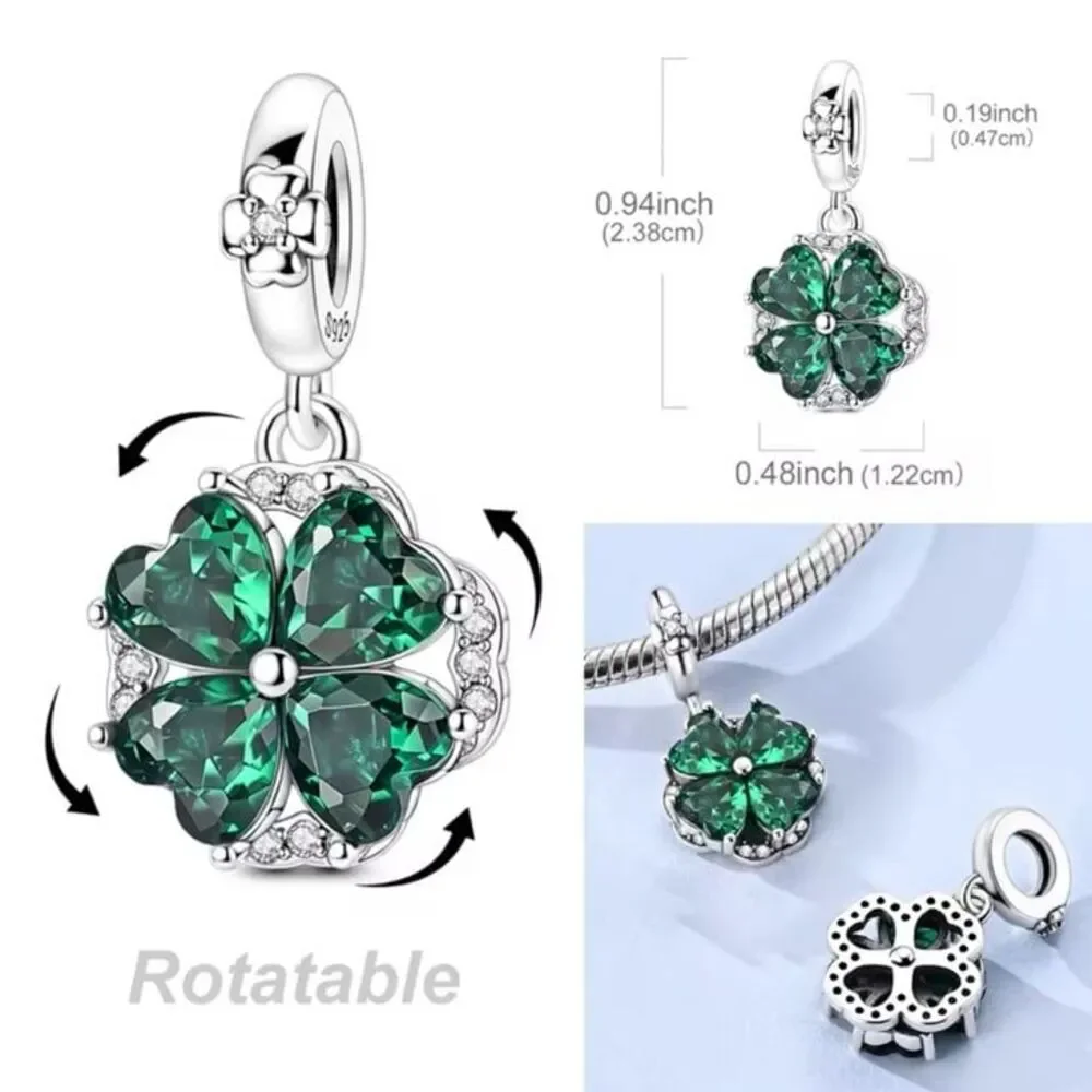 Green Lucky Four Leaf Clover Dangle Charm | 925 Silver | Brand New